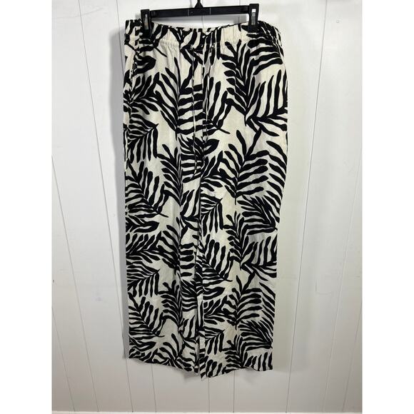 H&M LINEN-BLEND BOTANICAL PULL-ON PANTS IN BLACK AND WHITE. SIZE XL NWT - Picture 2 of 6